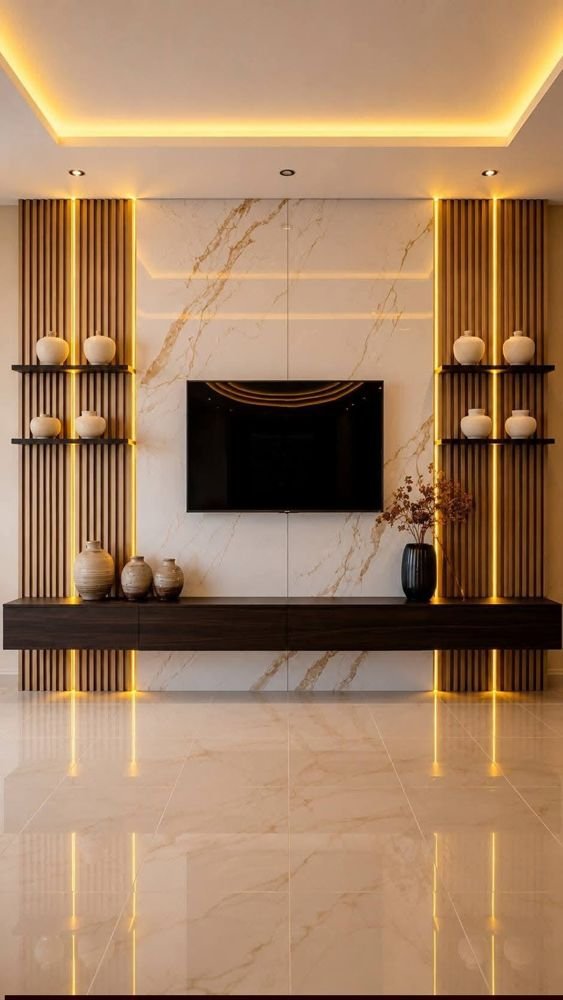 Panel TV dinding marmer dengan list kayu kedua