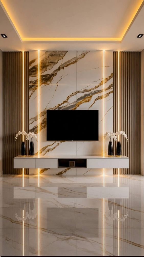 Panel dinding kayu dengan cermin dan lampu dinding
