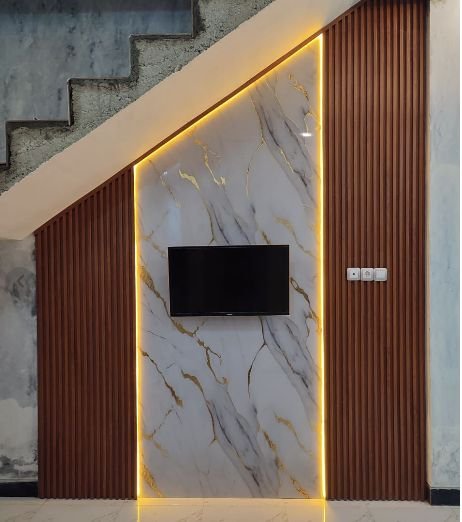 Contoh hasil pemasangan panel dinding kayu dan marmer PVC